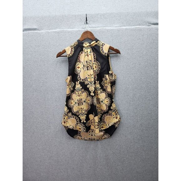 New York & Company Womens Black & Gold Paisley Sleeveless Blouse With Tie Neck S - Picture 1 of 6